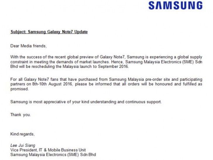 Samsung Tunda Peluncuran Galaxy Note 7 di Malaysia Karena Kendala Pasokan