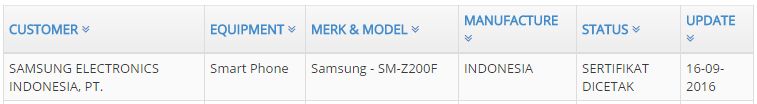 Samsung Z2 Sertifikasi