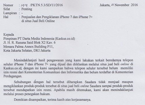 Surat Larangan Penjualan iPhone 7 dan iPhone 7 Plus